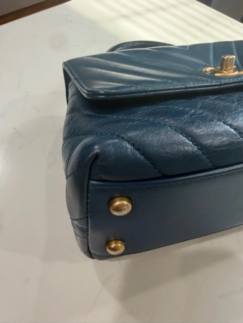 CHANEL Quilted Top Handle Satchel in Navy with Gold Hardware
